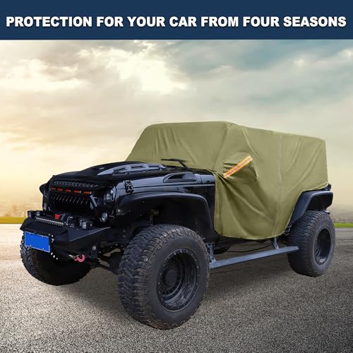 Image of Car Cover Waterproof All Weather with Driver Door Zipper for Jeep Wrangler JK JL Hardtop 2 Door 2007-2021 / Full Exterior Cover /Durable 210D Oxford Cloth / 1Pcs Green