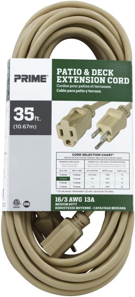 Prime EC884627 35-Foot 16/3 SJTW Patio and Deck Extension Cord, Beige