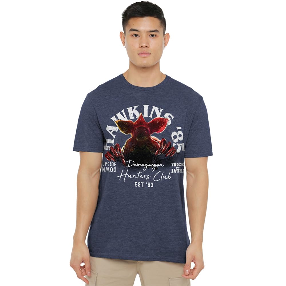 Stranger Things Hawkins '85 Demogorgon Hunters Unisex T Shirt, Navy, Small