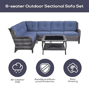 Outdoor Furniture Sectional Sofa L Shaped Couch - Patio Wicker Furniture Set with Coffee Table, 3 Piece Rattan Patio Conversation Sets with Blue Cushion for Deck Backyard Sunroom Outdoor Furniture Sectional Sofa L Shaped Couch Patio Wicker Furniture Set with Coffee Table 3 Piece Rattan Patio Conversation Sets with Blue Cushion for Deck Backyard Sunroom