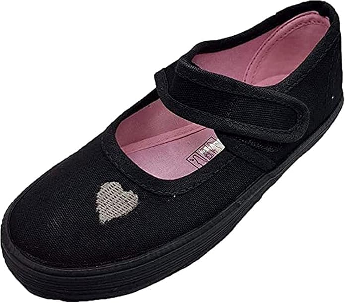 Girls School Pumps Heart Design Lightweight Canvas Plimsolls Uniform PE Sports Kids Shoes