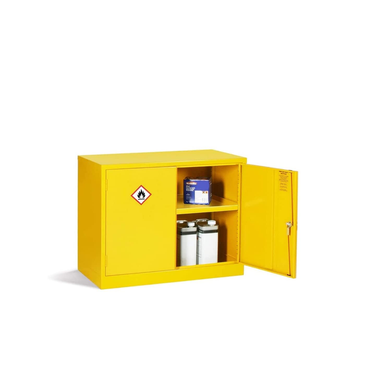 Mini armario COSHH para productos químicos inflamables, almacenamiento de seguridad de 1 estante, diseño amarillo de alta visibilidad, esencial para almacenamiento de materiales peligrosos
