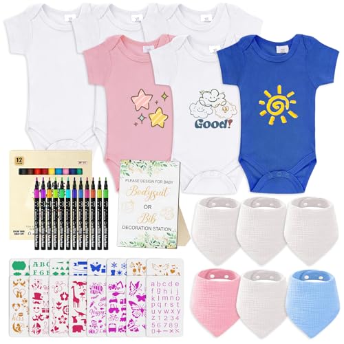 Baby Lätzchen zum Bemalen babyparty deko 12 Stück,6x Babybody aus Baumwolle,6x musselin tücher baby,12 Farbigem Textilstift 15 Tiere Malvorlagen,Gender Reveal Geschenk für Babyparty spiele baby shower