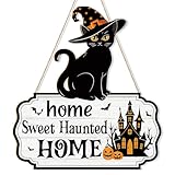 Halloween Decoration Wooden Black Cat Door Halloween Wreath for Front Door Sign Wall Signs Decor, Haunted Home Wreaths Hanging for Home Wall Outdoor Indoor Farmhouse Party Supply Pumpkin Ghost