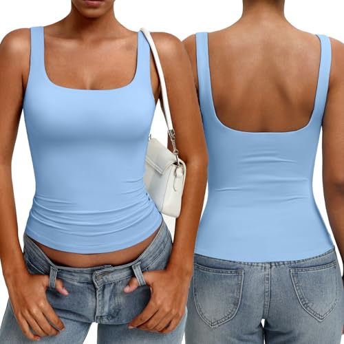 Avidlove Basic Tank Top for Women Square Neck Double Lined Summer Tops Sexy Open Back (Light Blue XS)