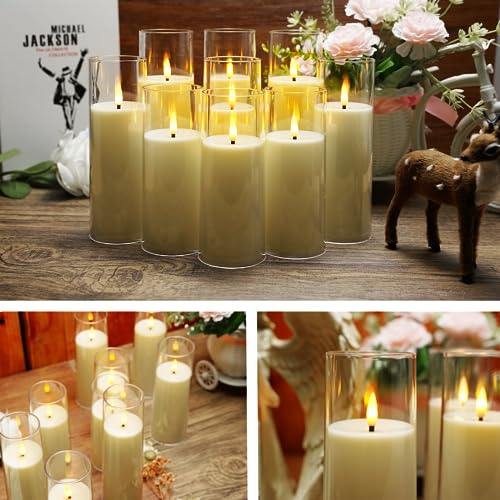 Flickering Flameless Candles Battery Operated with Remote and 2/4/6/8 H Timer Plexiglass Led Pillar Candles Pack of 9 (D2.3"xH 6"7"8")with Realistic Moving Wick Candles for Home Decor(Ivory)