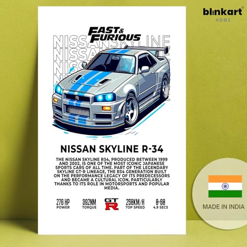 Image of BLINKART Nissan Skyline GT-R R34Car Posters Sticker Gift Items for Boys Room Wall Decor || Comes with Double-Sided Tape|| Decoration Bedroom Living Room Office Studio Decor | 12x18 In (A3) - CAR-266