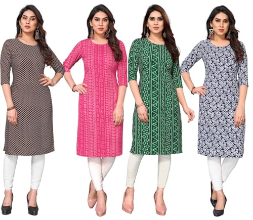 Image of JAKHANA Women's Crepe Printed Casual Straight Calf Length Round Nick Kurta Pack of 4