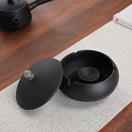 INONE Ceramic Ashtrays with Lid for Cigarette, Windproof Ashtray for Home, Outdoors, Garden, Balcony, Patio (Black) - Thumbnail 6