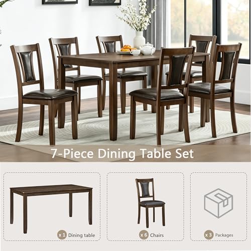 Image of KEIKI 7-Piece Standard Height Dining Table Set with Rectangular Table, 6 Upholstered Chair, for 6 Person, Farmhouse Rustic Style Table Set, Easy Assembly, for Kitchen, Dining Room, Walnut
