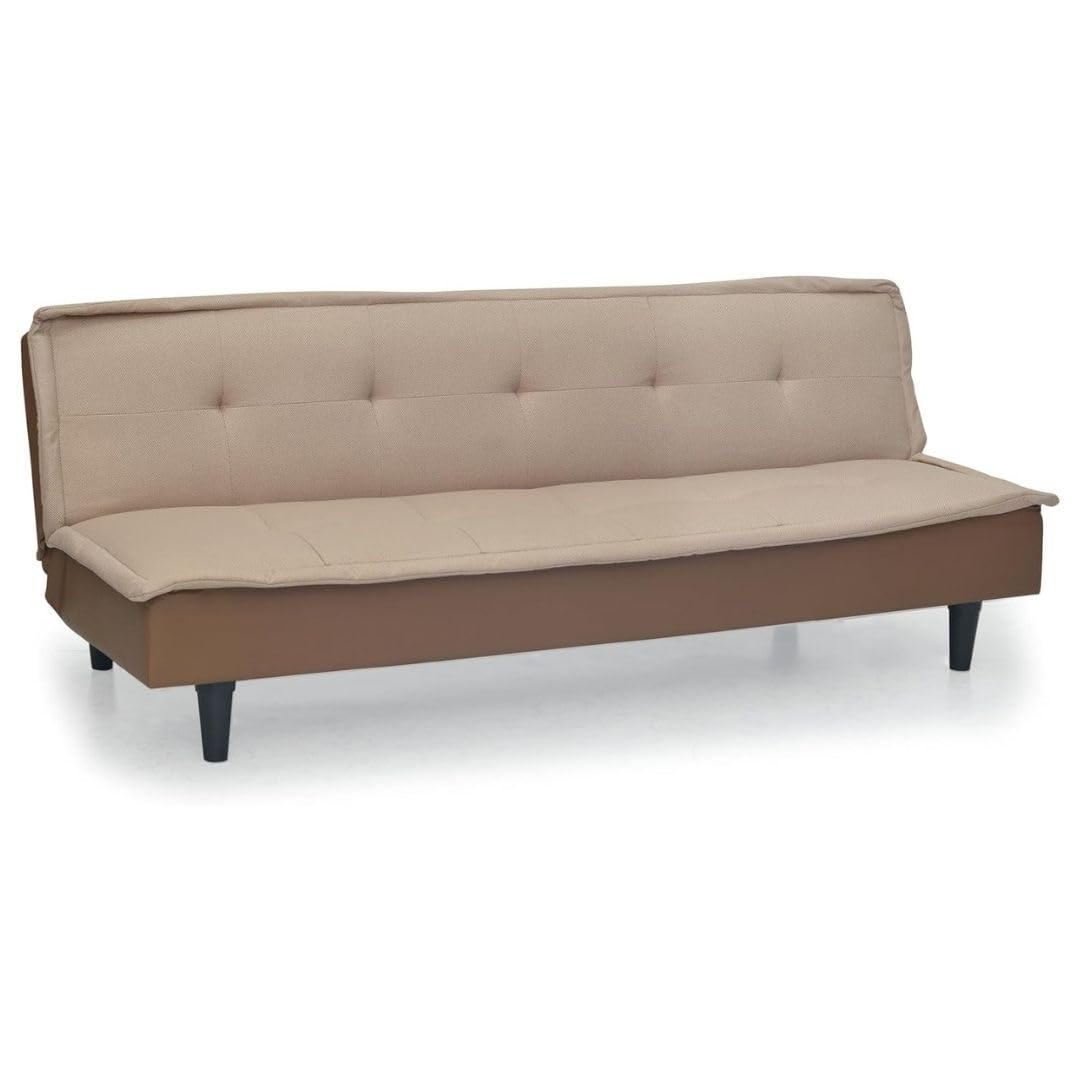 Multi Home Furniture Cream & Brown Sofa Cum Bed – Convertible Futon Sofa Bed 3 Seater with Fabric Cushion & PU Leatherette Base – Foldable Bed for Living Room, Bedroom Furniture, Small Apartments