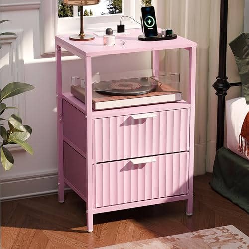 Image of VINGLI Pink Nightstand with Charging Station and Fabric Drawers, Fluted Nightstand with Drawers, Night Stand Pink Bedside Table with Charger Station for Bedroom, Kids Room, 14.96 inch W*11.81 inch D*23.78 inch H
