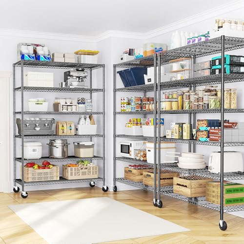 82" H X45 W X18 D Storage Shelves with Wheels, 6 Tier Wire Shelving Adjustable Metal Shelving Pantry Shelves Capacity 1200LBS for Garage Shelving, Pantry, Kitchen, Closet, Commercial, Black - Image 5