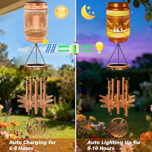 Image of 2 Pack Dragonfly Solar Wind Chimes for Outside, Gifts for Mom Women Grandma Birthday Memorial Teacher, 32 inch Windchimes Outdoor Decor Hanging Solar Lantern for Garden Porch Patio Backyard