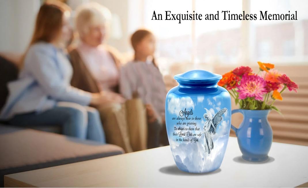Guardian Angel Cremation Urn – Elegant Blue Adult Urn for Human Ashes – Heavenly Angel Funeral Urn for Men and Women – Large Memorial Urn Holds Up to 210 lbs with Velvet Bag (Large)