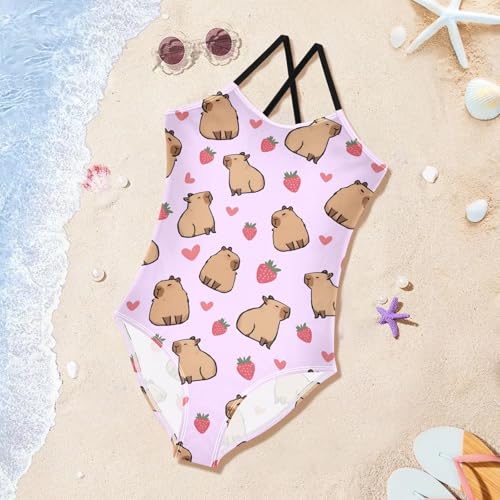 Girls One Piece Swimsuits Cute Capybara with Strawberry Hearts Purple Cute Swimwear Bathing Suits 3-10T4