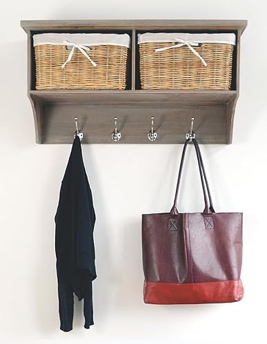 Rackhams Brown/Grey/Silver Tetbury Acacia Wood Hanging Shelf With Coat Hooks And Storage Baskets - Medium