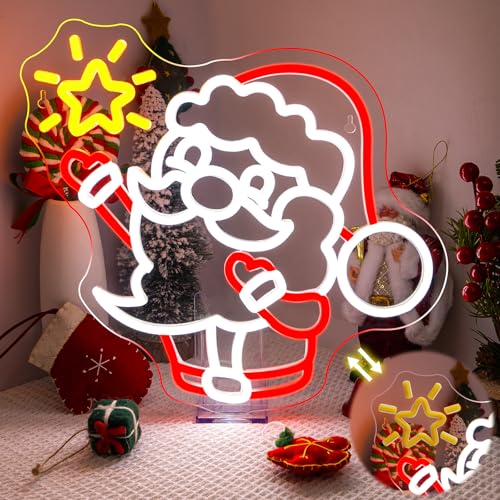Image of LUCUNSTAR Christmas Neon Sign Dimmable LED Santa Claus raises stars Light up Sign for Bedroom USB Powered Home Party Living Room Cafe Bar Outdoor Wall Decor