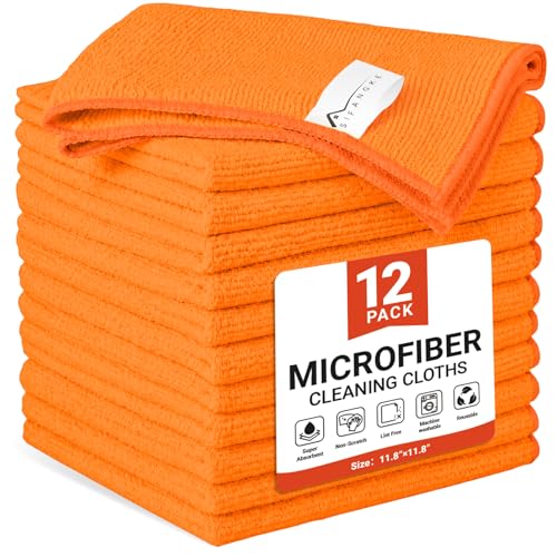 Image of SIFANGKE Microfiber Cleaning Cloth, 12 Pack Orange Cleaning Rags for Housekeeping, Reusable Microfiber Towels for Car, Kitchen, Bathroom and Household Cleaning Supplies, 11.8 inchX11.8 inch