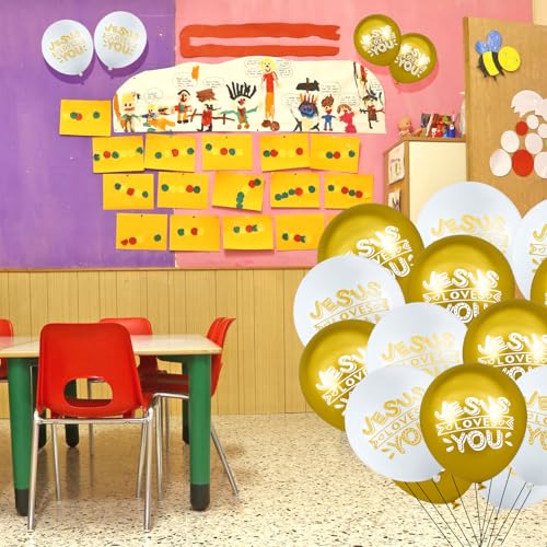 Image of Gejoy 60 Pcs Jesus Loves You Balloon 12 Inch Latex Christian Religious Jesus Balloon Party Decor for He Is Risen Party Decor Favor Cross Church Event Birthday Sunday Supplies(Gold White)