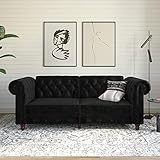 DHP Felix 90 Inch Futon Sofa Bed in Velvet Fabric, Upholstered Chesterfield Couch Sleeper with Tufted Back, Baroque Legs and Rolled Arms, Black