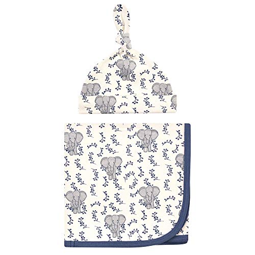 Image of Touched by Nature Unisex Baby Organic Cotton Swaddle Blanket and Headband or Cap, Blue Elephant, One Size