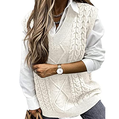 Hyipels Sweater Vest Women Cable Oversized Knitted Sleeveless V Neck Casual Sweaters Tank Top #TOP17
