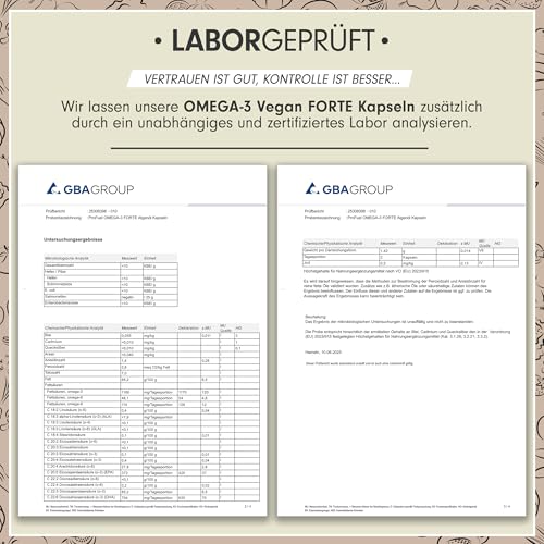 Omega-3 vegan FORTE - 120 Kapseln - 2000 mg Algenöl pro Tag - hochdosiert mit 630mg DHA + 420 mg EPA - vegane Omega-3 Algenöl Kapseln - DHA:EPA Verhältnis 3:2 - laborgeprüft mit Analyse-Zertifikat