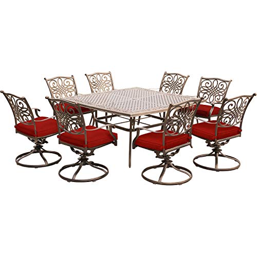 Hanover Traditions 9-Piece Patio Dining Set, Rust-Free Aluminum Outdoor Dining Set with Autumn Berry Cushions, 8 Swivel Rockers and Aluminum Square Dining Table, All-Weather Outdoor Dining Set for 8