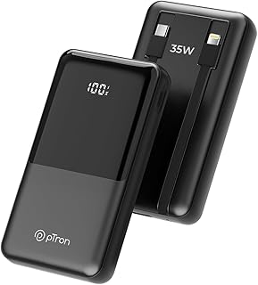 pTron Dynamo Bolt 20000mAh Power Bank, Inbuilt Charging Cables, 35W Super Fast Charging,USB Type-C Input Power Bank Compatible with QC3.0/PD3.0,4 Charging Outputs,Type-C Input/Output Port (Coal Black)
