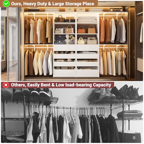 Aheaplus Closet System with 8 Wooden Drawers, Wood Closet Organizer System with Tower, Walk-in Closet Organizer Wardrobe Clothes Rack with 4 Hanging Rods, Garment Rack, Cut to Fit 7-12Ft, White