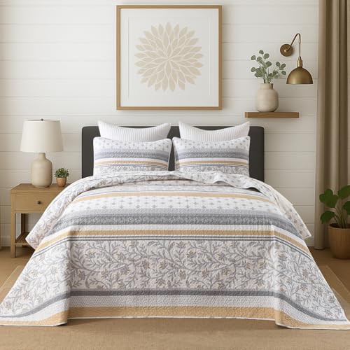 Bedduvit 100% Cotton 120"x120" Oversized King Bedspread - Farmhouse Rustic Floral Striped Patchwork Extra Wide King Quilt Set, Lightweight Reversible Bedspreads for All Season, 3pcs, Yellow/Gray/White - image 2