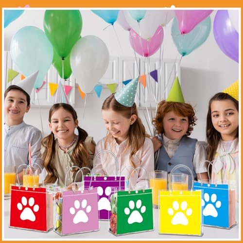 Image of Teenyyou 24 Pcs Dog Paw Clear PVC Gift Bags with Handle Puppy Party Favor Reusable Plastic Wrap Tote Goodie Candy Treat Gift Bags Transparent for Puppy Pet Theme Birthday Party Supplies