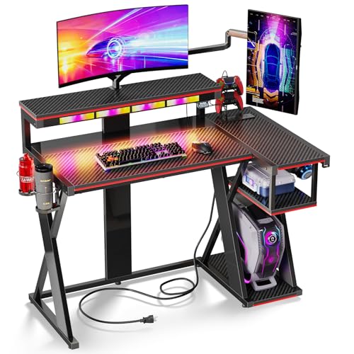 Bestier コンピューターデスク 音楽同期ライト付き Flow Vibe コーナーデスク モニタースタンドとPS5収納棚付き カップホルダーとヘッドセットフック付き 寝室用 小さなスペース用 (ブラックレッド 42インチ)