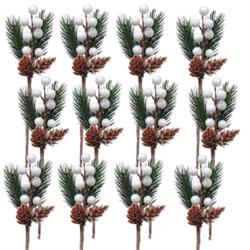 Artificial Pine Picks, SPWOLFRT 12 Pieces White Christmas Berries/Berry Stems Pine Branches & Artificial Pine Cones/Wreath Picks for Winter Décor, Holiday Crafts, Xmas Decorations (White)