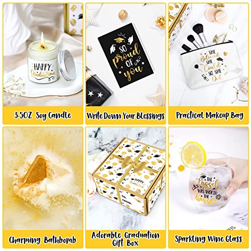 Levfla Graduation Gifts Set, Congratulations Present Box For Her Girl Women College Student With Pre-Packed Wine Glass Grad Cap Bath Bomb Makeup Bag Candle Card Black Gold #TOP3