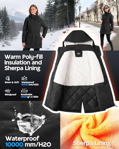 Outdoor Ventures Damen Regenjacke Lange Wintermantel mit Kapuze Frauen Wasserdicht Windbreaker Verdickene Warm Outdoorjacke Funktionsjacke für Wandern Laufen Sporten Schwarz XL