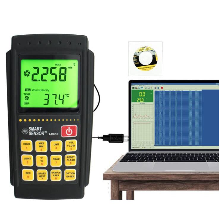 Anemometer connected via USB to a laptop displaying data