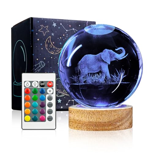 Image of 3D Elephant Crystal Ball Night Light with Woodern Base, 3.15 inch Elephant Figurines Glass Lamp with 16 Colors Cool Desk Decor Elephant Gifts for Women Kids Friends Adults