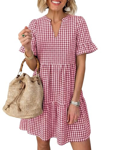 Image of Caracilia Dresses for Women Summer 2026 Striped V Neck Ruffle Sleeve A Line Tiered Flowy Casual Mini Beach Dress with Pockets