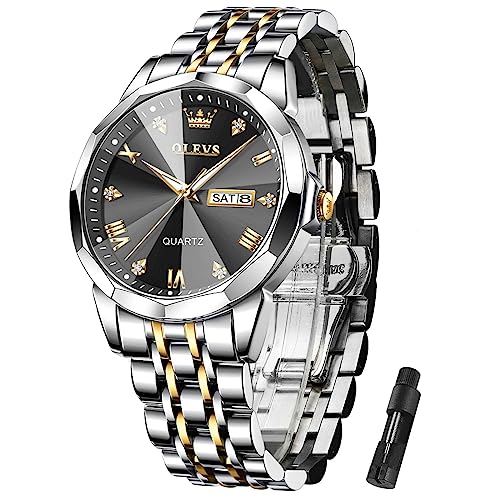 Image of OLEVS Mens Watch Stainless Steel Analog Quartz Watches for Men Day Date Easy Read Diamond Waterproof Dress Luxury Classic Casual Big Face Blue /Black /Gold /Silver Roman Arabic Numerals Men's Wrist Watch