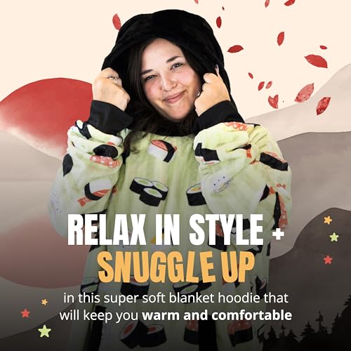 Image of Plushible Wearable Hooded Blanket for Adults, Oversized Hoodie with Sleeves & Pocket, 2-in-1 Comfy Hoodie Blanket Pillow - Sushi