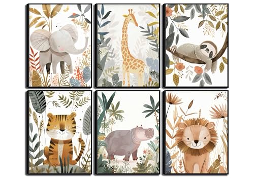 Image of 6Pcs Boho Baby Animals Wall Art Jungle Safari Canvas Paintings Cute Giraffe Elephant Lion Wall Decor Prints Inspirational Forest Animals Posters Pictures for Nursery kids Boys Bedroom Unframed