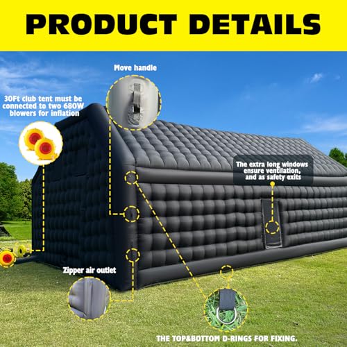 WARSUN 30x20x13Ft Inflatable Nightclub with Two 680W Blowers Large Black Inflatable Night Club Party Tent Disco Cube Gazebo Event House for Birthday, School Events, Backyard Party, Rental Business
