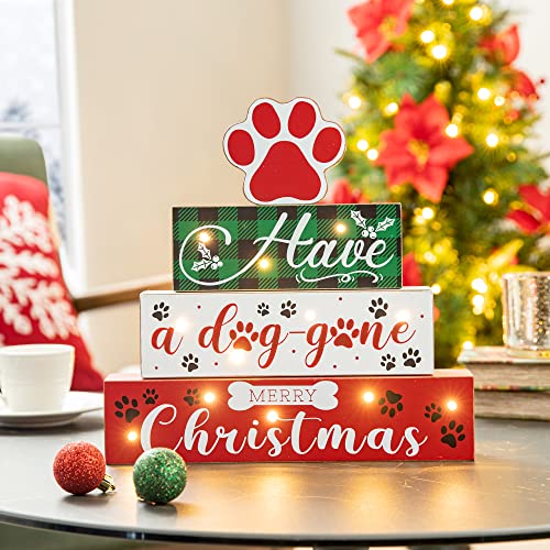 Glitzhome Christmas Table Decor Wooden Signs with Sayings Have a Dog-Gone Merry Christmas, Lighted Farmhouse Wooden Pet Paw Block Word Sign, 12 Inches Xmas Holiday Wood Block Decor