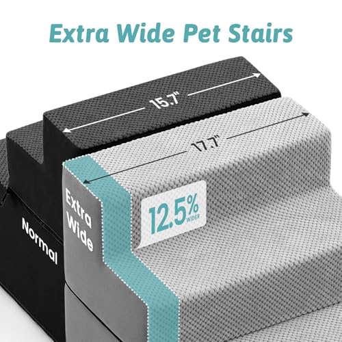 Image of COZY KISS Dog Stairs for Small Dogs, 4 Step Pet Stairs for Beds & Couches | 17.7 inch H Extra Wide Non-Slip Dog Steps with Removable Tiers & Support Board for Puppies, Older Cats & Dogs, Grey