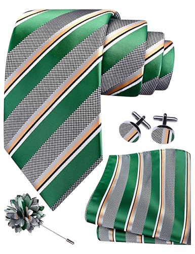 Image of GUSLESON 3.15 inch(8cm) Mens Stripe Tie and Lapel Pin Necktie Hankerchief Cufflinks Set for Men