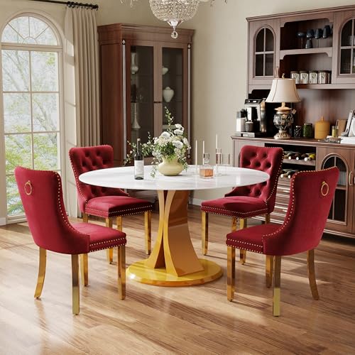Image of 5-Piece Dining Table Set with 47In Faux Marble Table and 4 Velvet Upholstered Chairs, Modern Scandinavian Furniture for Dining Room Kitchen(Burgundy&Gold)