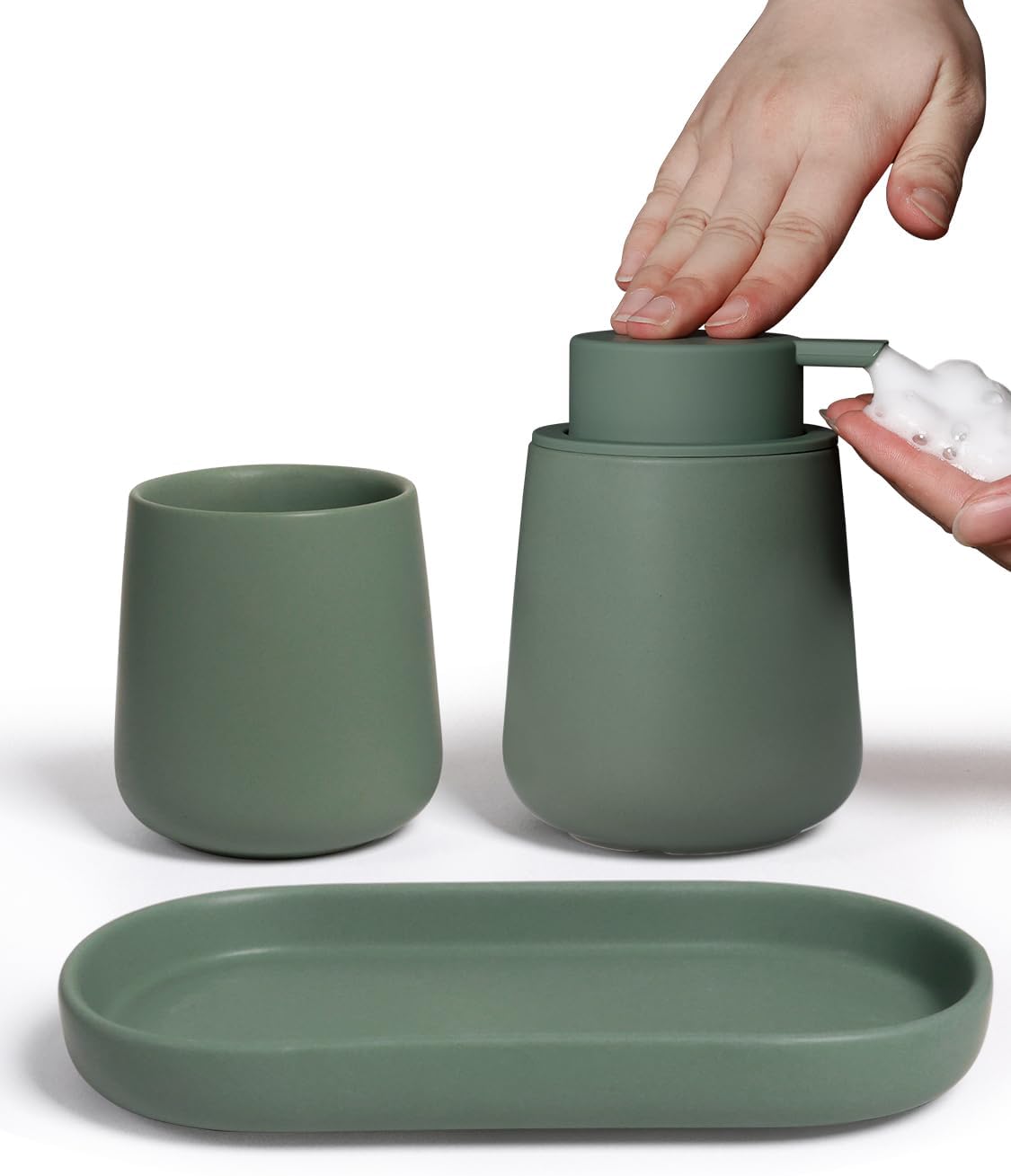 INGOFIN 3 Pcs Ceramic Bathroom Accessory Set - Foam Soap Dispenser, Toothbrush Holder & Tray, Bathroom Counter Set, Countertop Essentials for Home, Guest Bathroom, or Office Use, Matte Green
