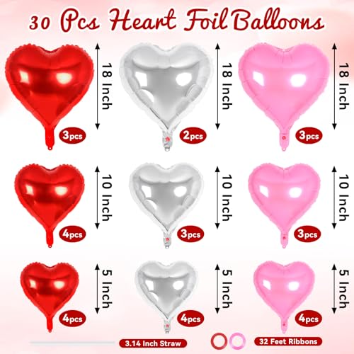 Image of 30 Pcs Red Pink and Silver Heart Balloons, 3 Sizes Heart Foil Mylar Balloon, Valentine Day Party Decorations, Love Balloon Valentine Balloons for Birthday Party Wedding Baby Shower